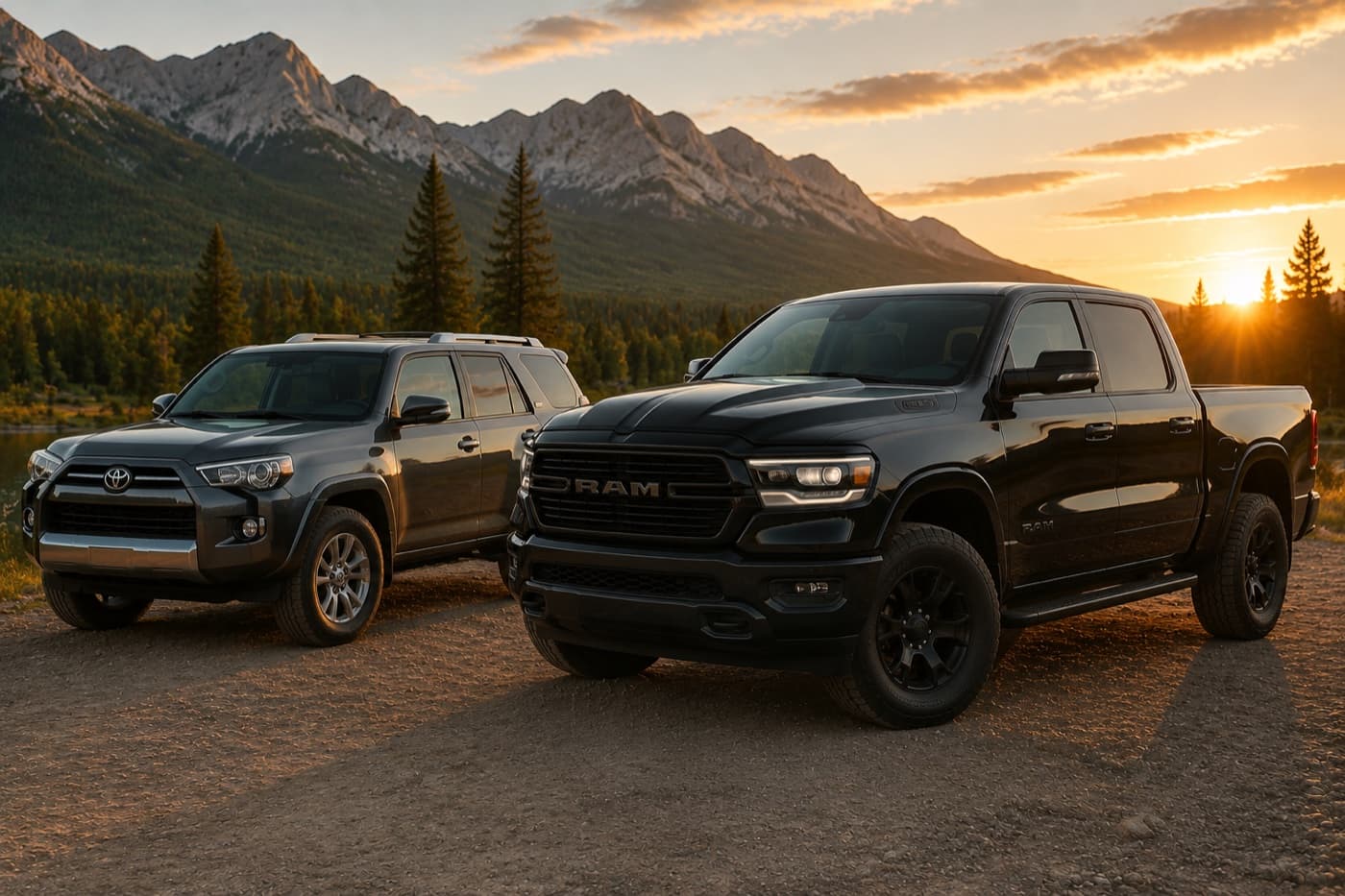 SUV and pickup truck parked with a mountain backdrop