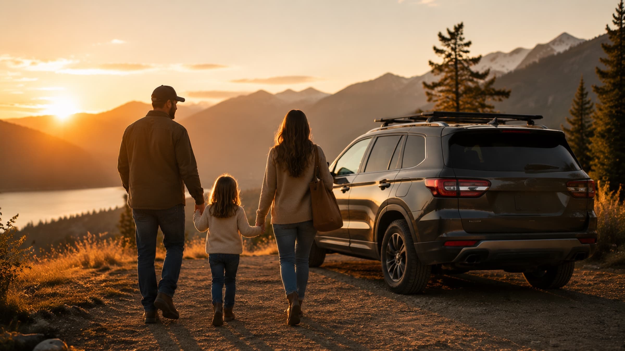 Family walking away from an SUV at golden hour