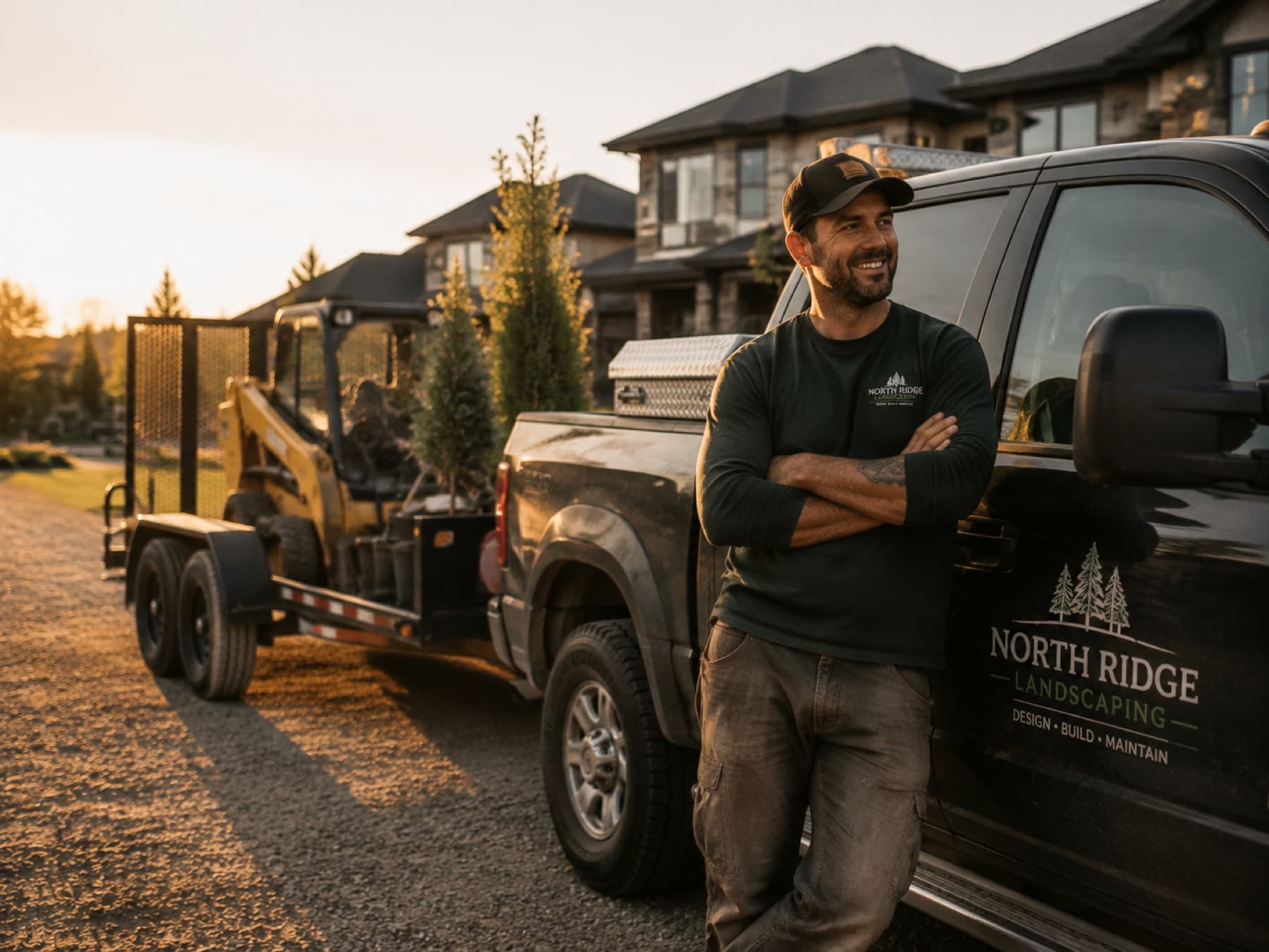Business owner beside a branded truck, trailer, and equipment