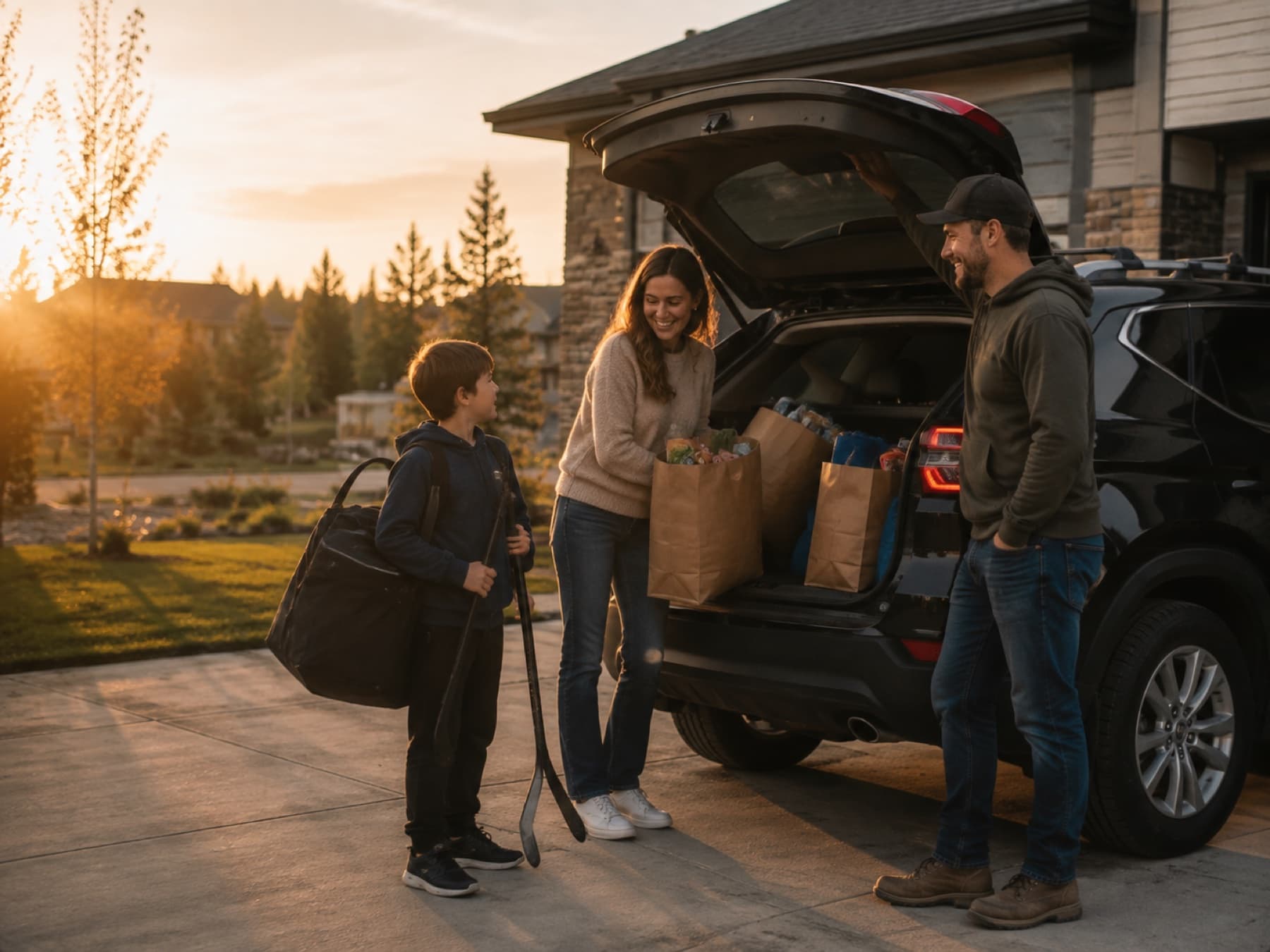 Family loading a vehicle with groceries and hockey gear