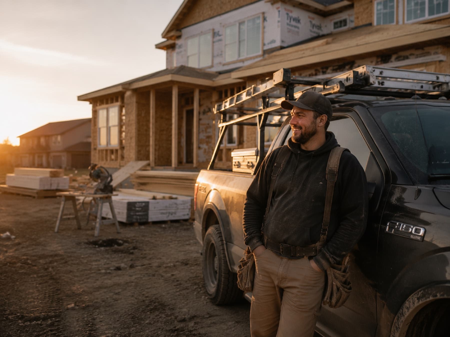 Contractor standing beside a pickup truck at a job site